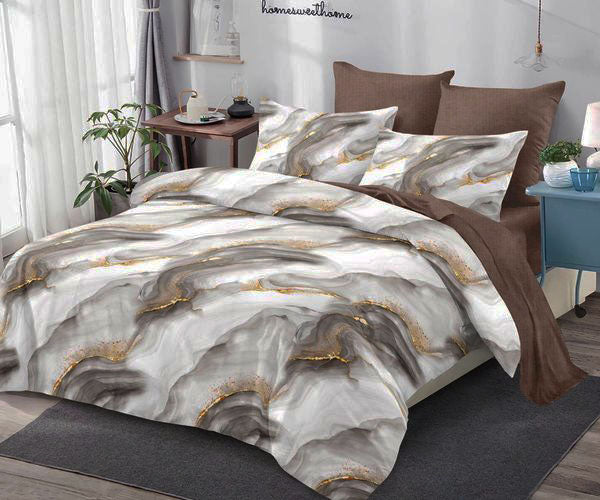Спално бельо от 100% памук – бяло и кафяво с мраморен ефект