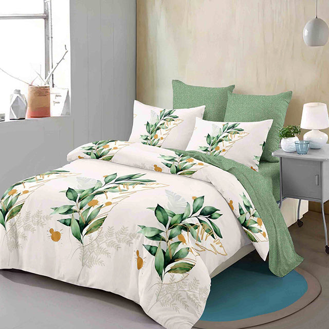 Спално бельо от 100% памук – бяло и зелено с листа
