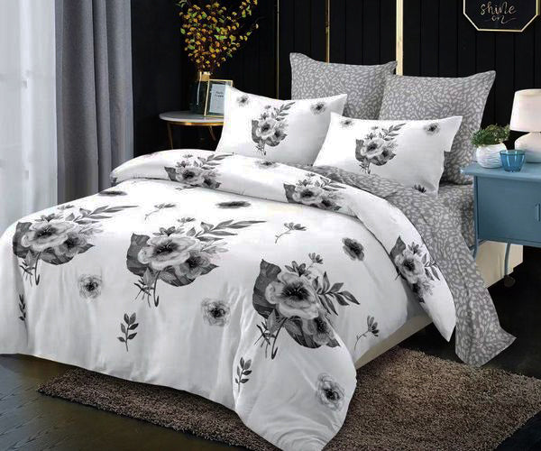 Спално бельо с ластик от 100% памук – бяло и сиво с цветя