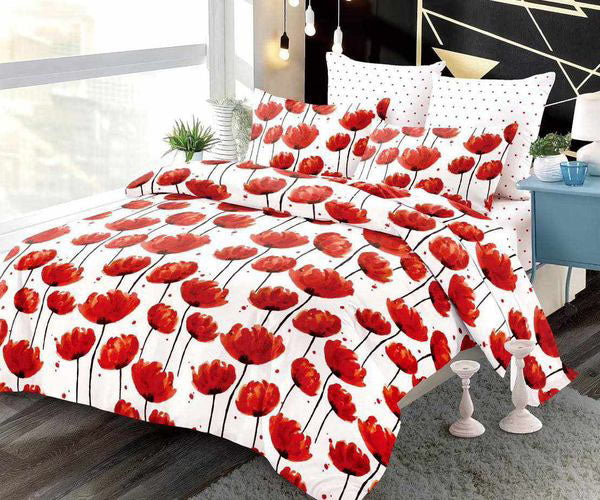 Спално бельо с ластик от 100% памук – бяло с макове