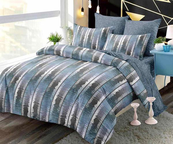 Спално бельо с ластик от 100% памук – сиво и синьо с линии