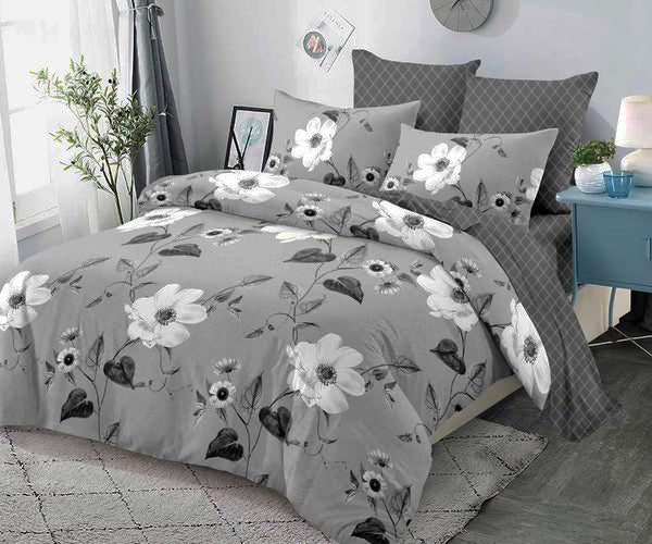 Спално бельо с ластик от 100% памук – сиво с бели цветя