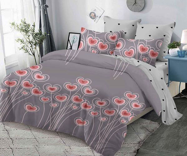 Спално бельо с ластик от 100% памук – сиво със сърца