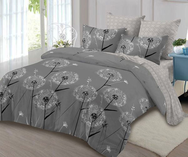 Спално бельо с ластик от 100% памук – сиво с глухарчета