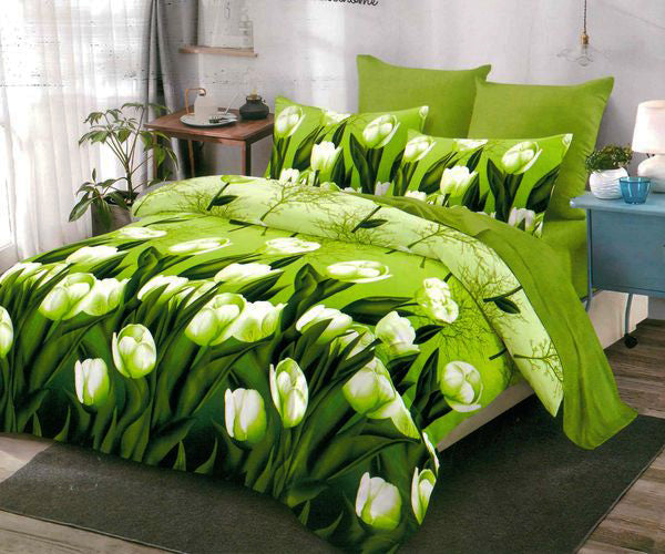 Спално бельо с ластик от 100% памук – зелено с лалета