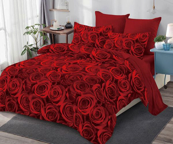 Спално бельо с ластик от 100% памук – червено с рози