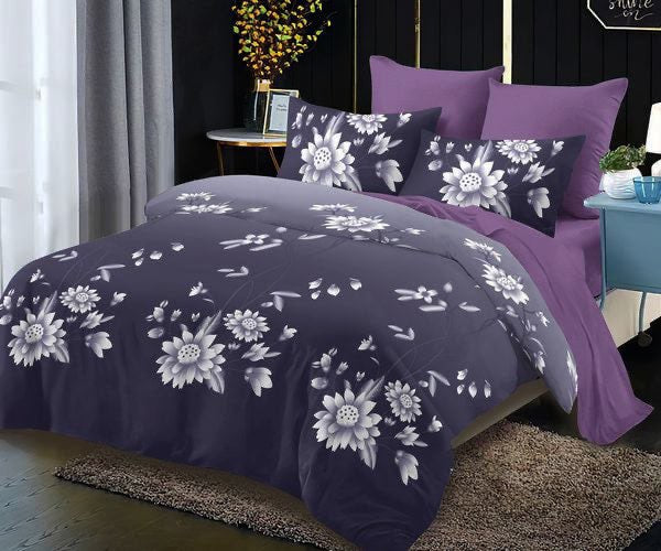 Спално бельо с ластик от 100% памук – лилаво с бели цветя