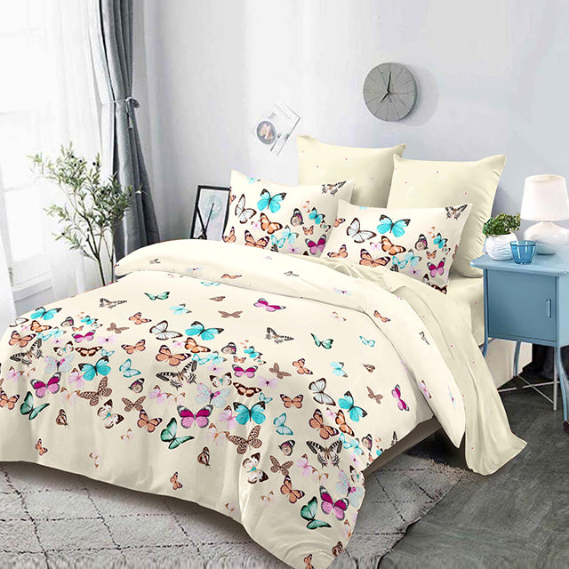 Спално бельо с ластик от 100% памук – цвят крем с пеперуди