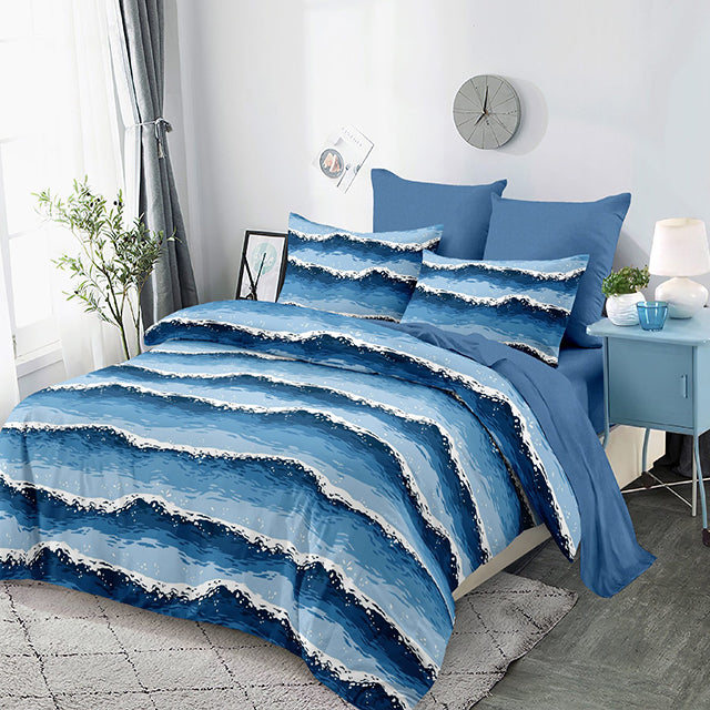 Спално бельо с ластик от 100% памук – синьо с морски мотив