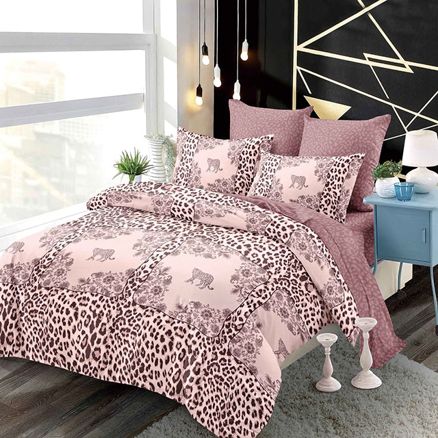 Спално бельо с ластик от 100% памук – розово с леопард