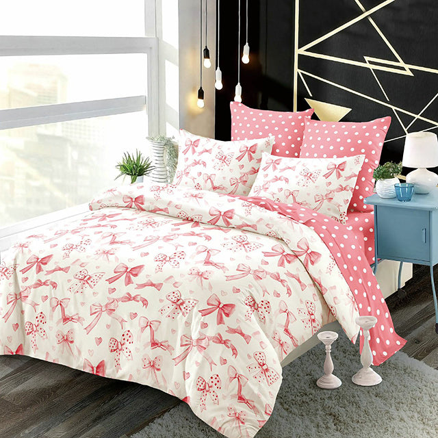 Спално бельо с ластик от 100% памук – бяло и розово с панделки