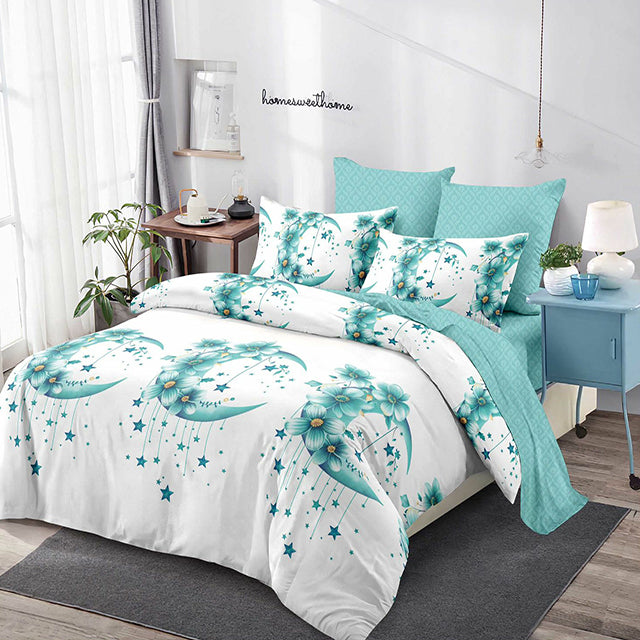 Спално бельо с ластик от 100% памук – бяло и синьо с луни,звезди и цветя