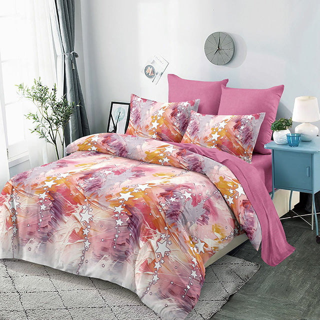 Спално бельо с ластик от 100% памук – розово и оранжево със звезди