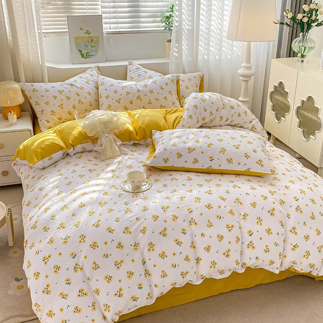 Спално бельо за приста с ластик - бяло и жълто със слънчогледи