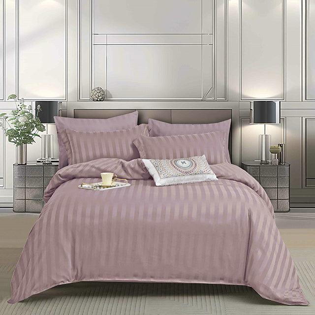 Едноцветно спално бельо с ластик 6 части - цвят пепел от рози с райе