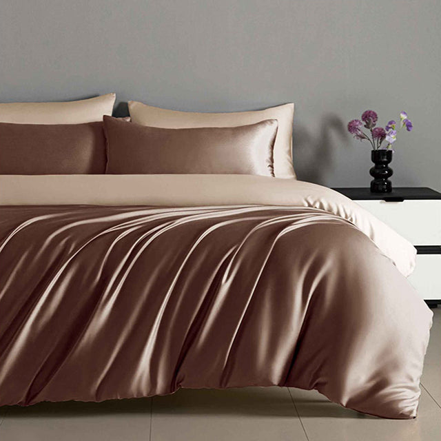 Луксозно спално бельо с ластик от памучен сатен - тъмнокафяво