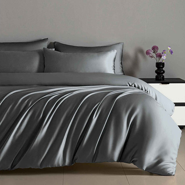 Луксозно спално бельо с ластик от памучен сатен - тъмносиво