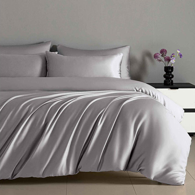 Луксозно спално бельо с ластик от памучен сатен - сиво