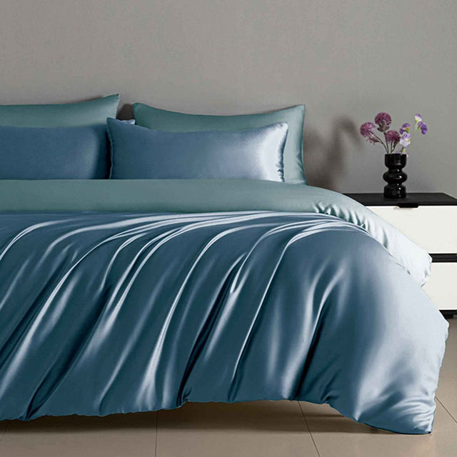 Луксозно спално бельо с ластик от памучен сатен - синьо