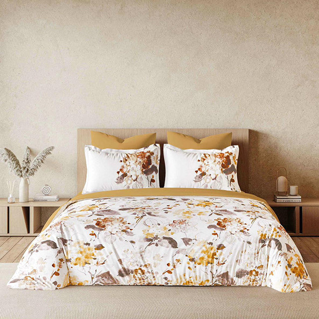 Спално бельо с ластик от премиум ранфорс памук - бяло и кафяво с цветя