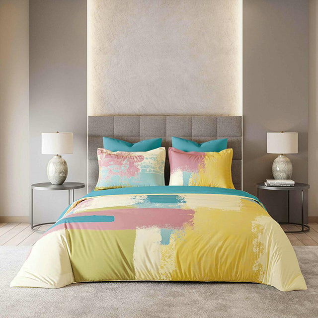 Спално бельо с ластик от премиум ранфорс памук - тюркоазено с живописни багри