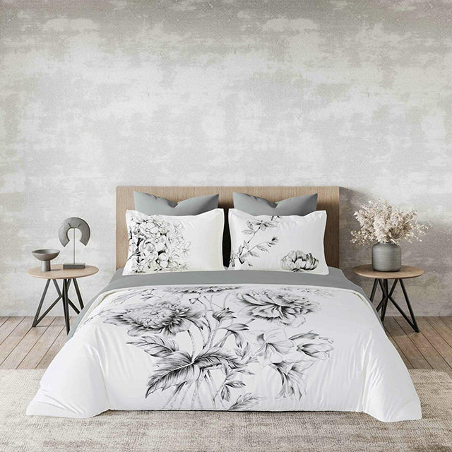 Спално бельо с ластик от премиум ранфорс памук - бяло и сиво с божури