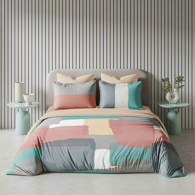 Спално бельо с ластик от премиум ранфорс памук - бежово с пъстри цветове