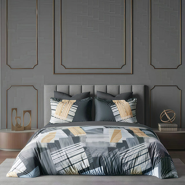 Спално бельо с ластик от премиум ранфорс памук - сиво с абстрактен дизайн