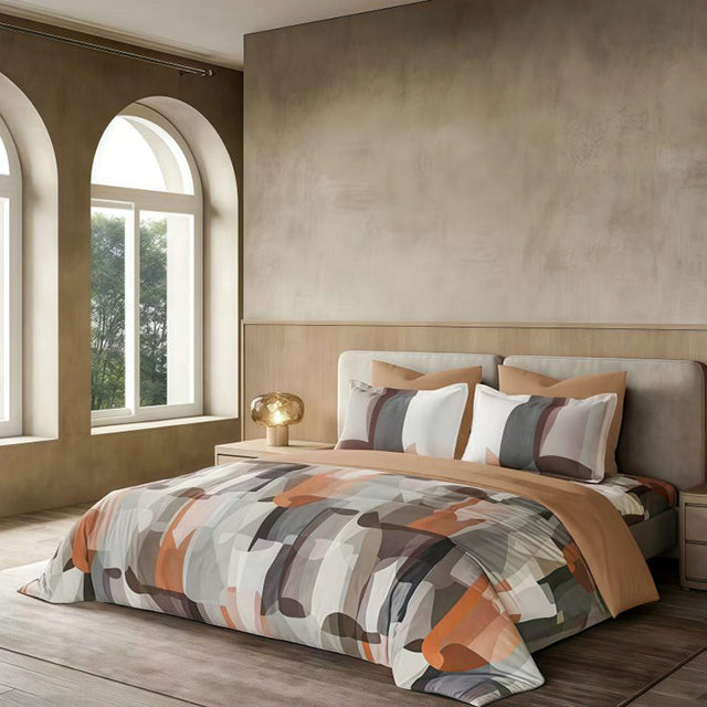 Спално бельо с ластик от премиум ранфорс памук - кафяво с абстрактен дизайн