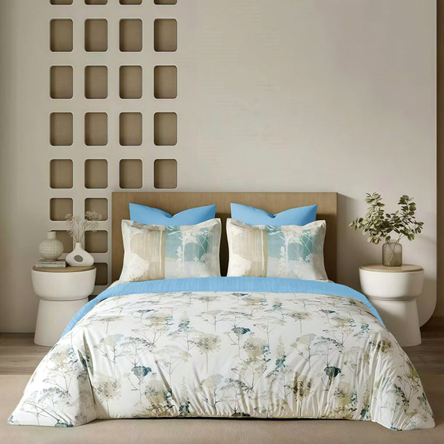 Спално бельо с ластик от премиум ранфорс памук - бяло и синьо с цветя