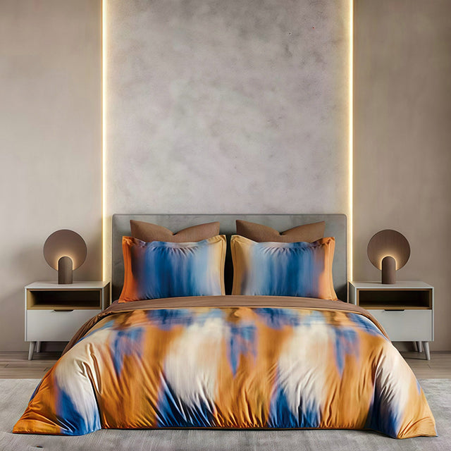 Спално бельо с ластик от премиум ранфорс памук - оранжево и синьо с ефектен дизайн