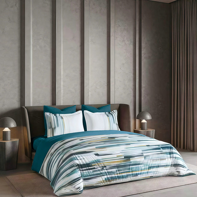 Спално бельо с ластик от премиум ранфорс памук - синьо с ефектен дизайн