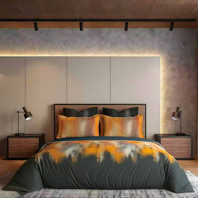 Спално бельо с ластик от премиум ранфорс памук - тъмносиво с ефектен дизайн