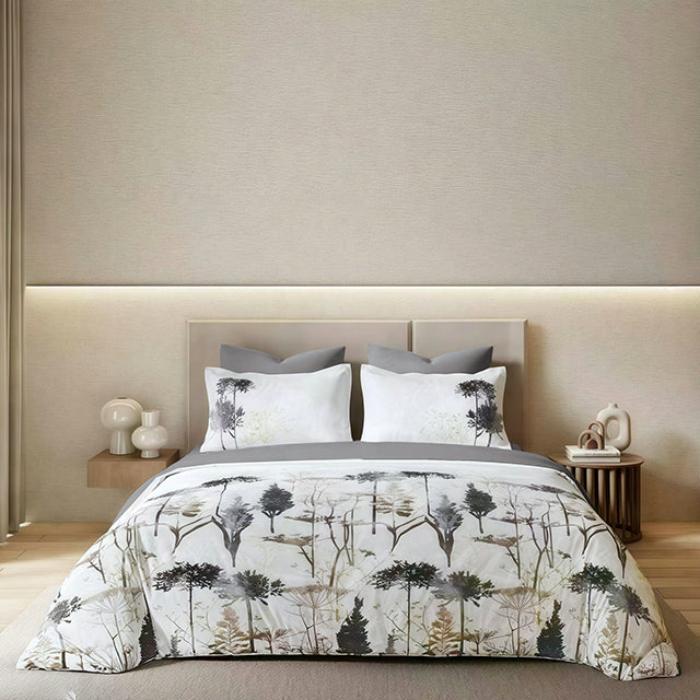 Спално бельо с ластик от премиум ранфорс памук - бяло и сиво с дръвчета