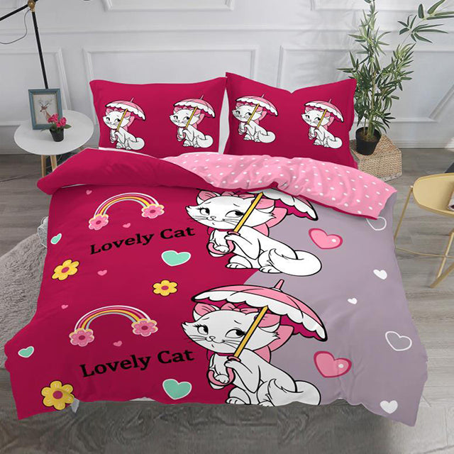 3D Спално бельо от 100% памук - тъмнорозово с коте с чадър