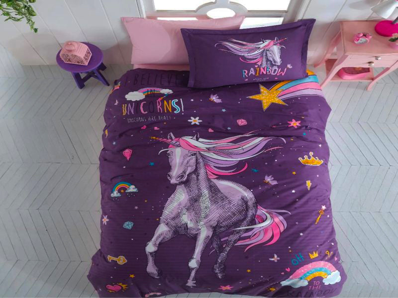 Детско спално бельо от ранфорс 100% памук – лилаво с еднорог