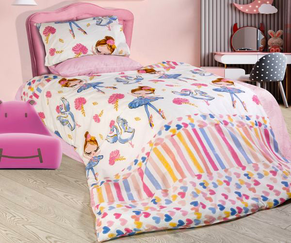 Детско спално бельо от ранфорс 100% памук – балеринки и лебеди със сърчица