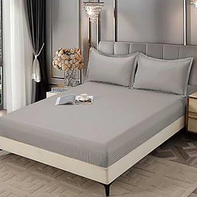 Едноцветно спално бельо с ластик - сиво с райе