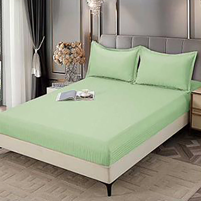 Едноцветно спално бельо с ластик - зелено с райе