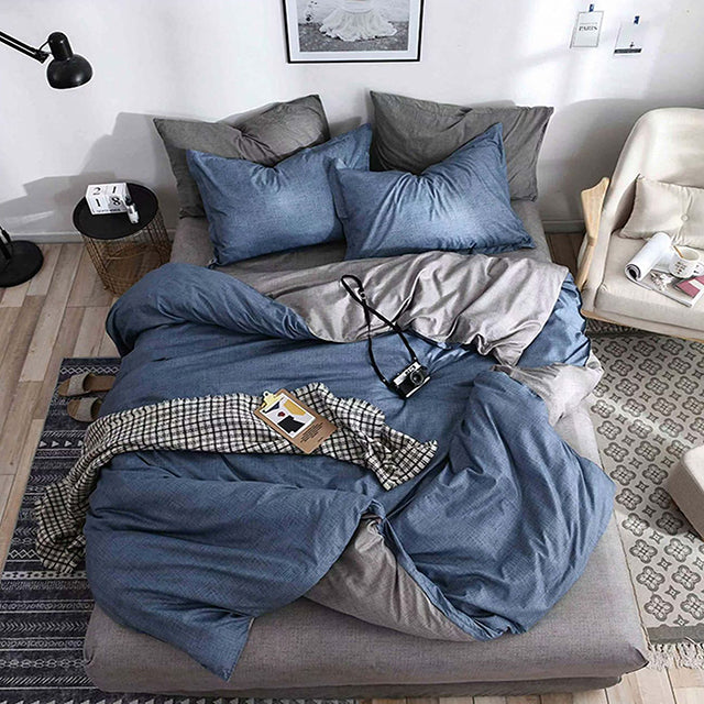 Спално бельо с ластик от 100% памук – синьо и сиво