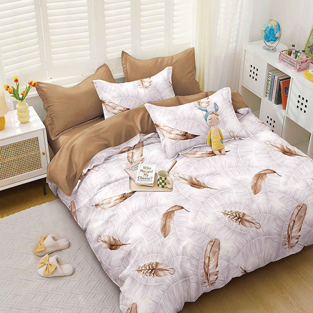 Спално бельо с ластик от 100% памук – бяло и кафяво с пера