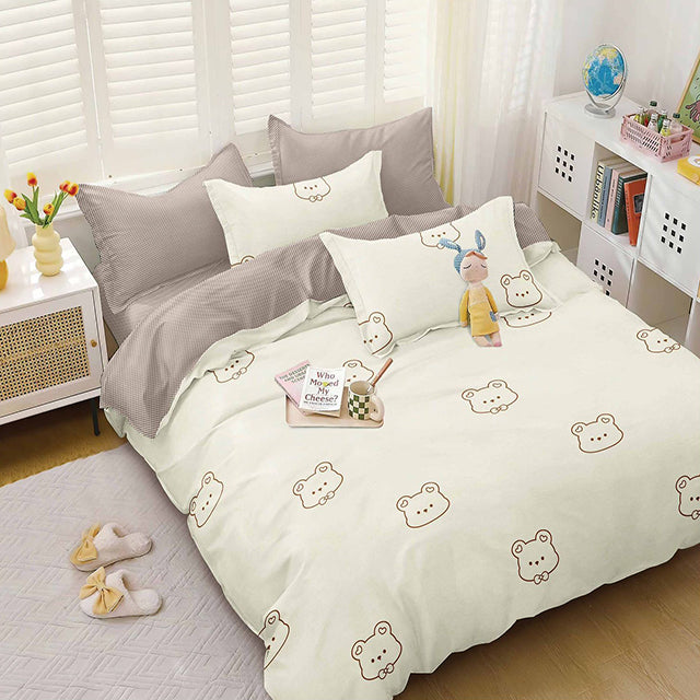 Спално бельо с ластик от 100% памук – цвят крем и сиво с мечета