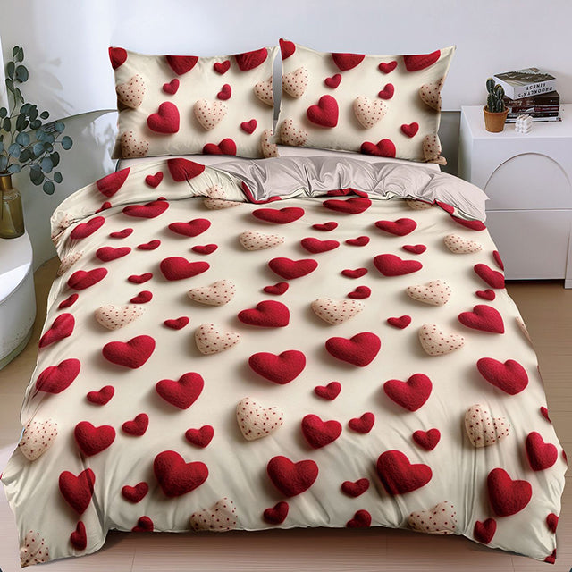 Спално бельо с ластик от 100% памук – цвят крем със сърчица