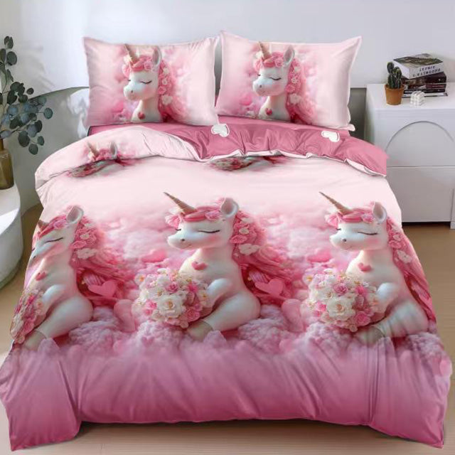 Спално бельо с ластик от 100% памук – розово с еднорози