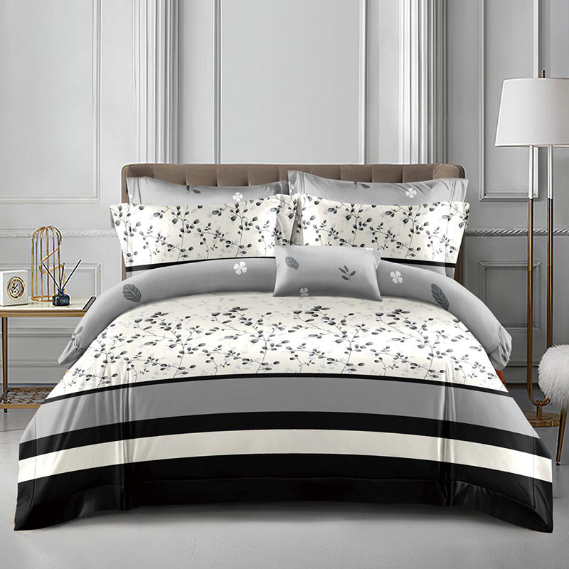 Спално бельо с ластик от 100% памук – бяло, сиво и черно с листа