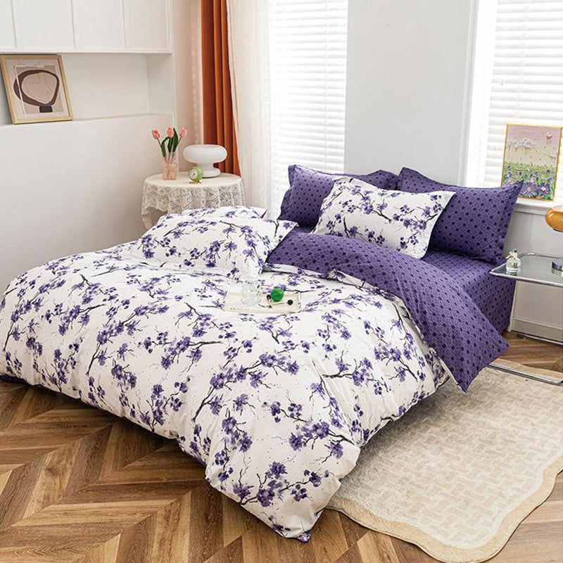 Спално бельо с ластик от 100% памук – бяло и лилаво с цветя