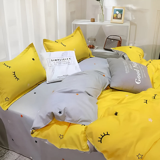 Спално бельо с ластик от 100% памук – жълто и сиво с мигли и сърца