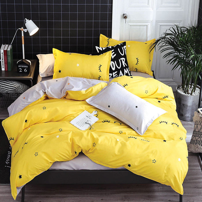 Спално бельо с ластик от 100% памук – жълто и сиво с мигли и сърца