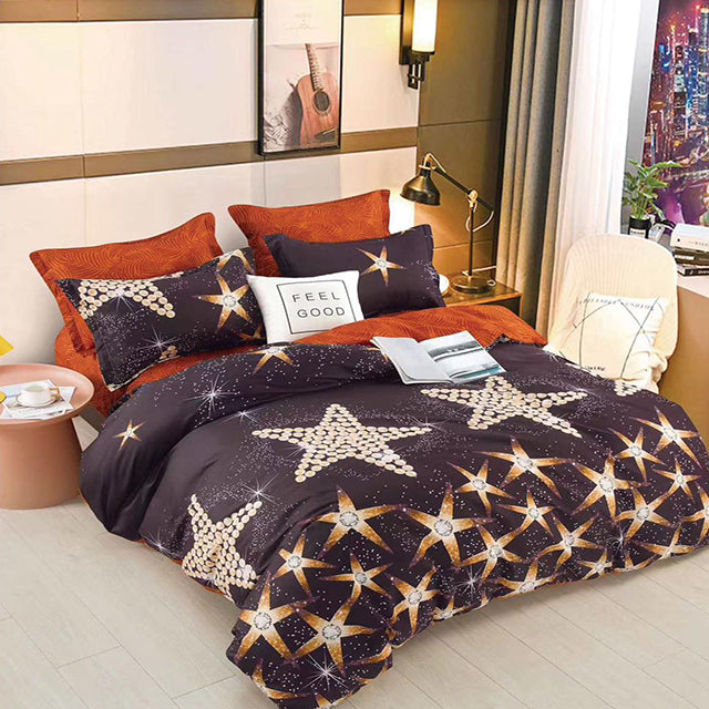 Спално бельо с ластик от 100% памук – кафяво със звезди