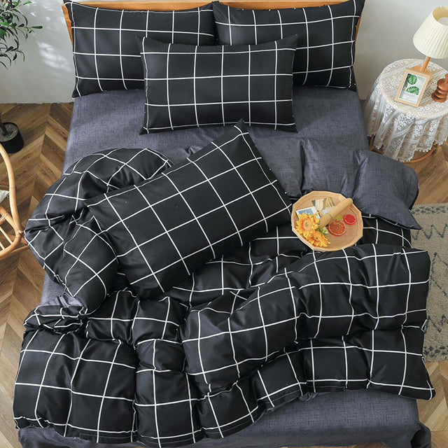 Спално бельо с ластик от 100% памук – черно и сиво с бели линии